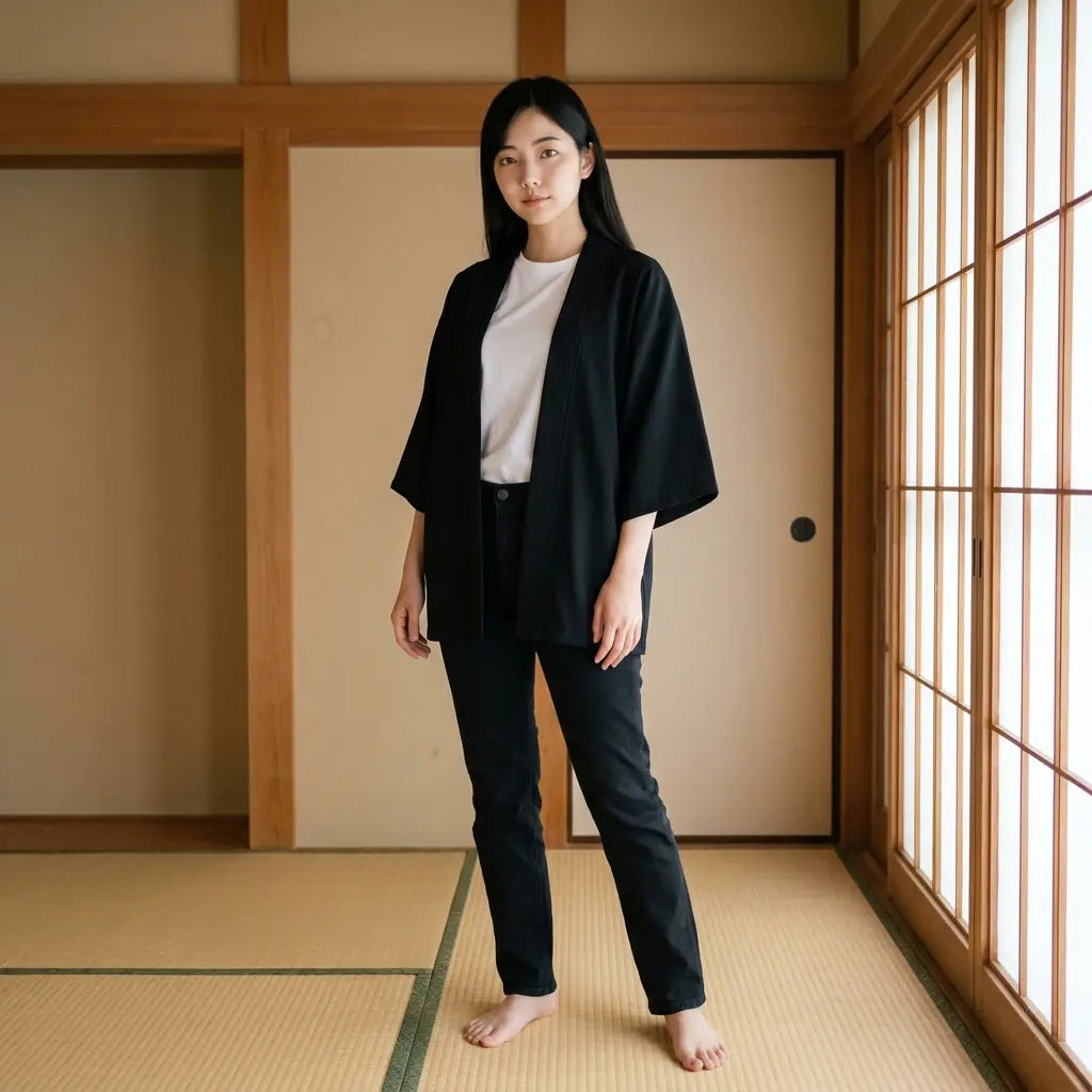 Chaqueta haori mujer negra abierta sobre una camiseta blanca en una sala de tatami