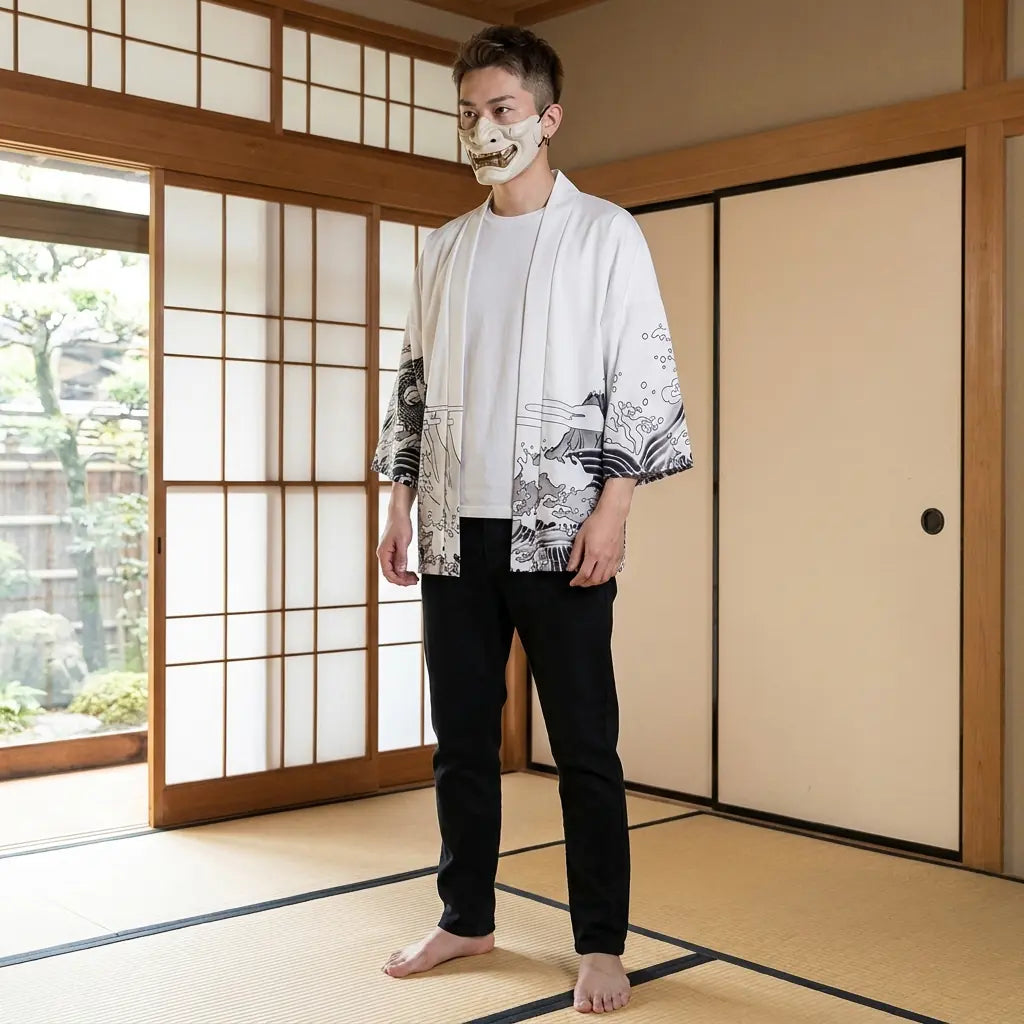 Hombre con chaqueta kimono blanca con dragón en un washitsu japonés