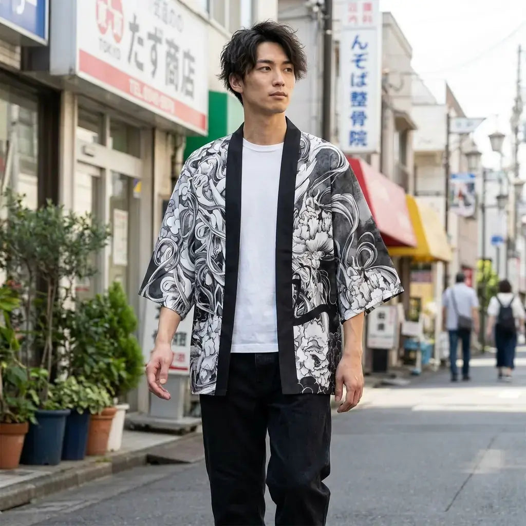 Chaqueta Kimono Haori llevado por un hombre en una habitación japonesa tradicional, vista frontal