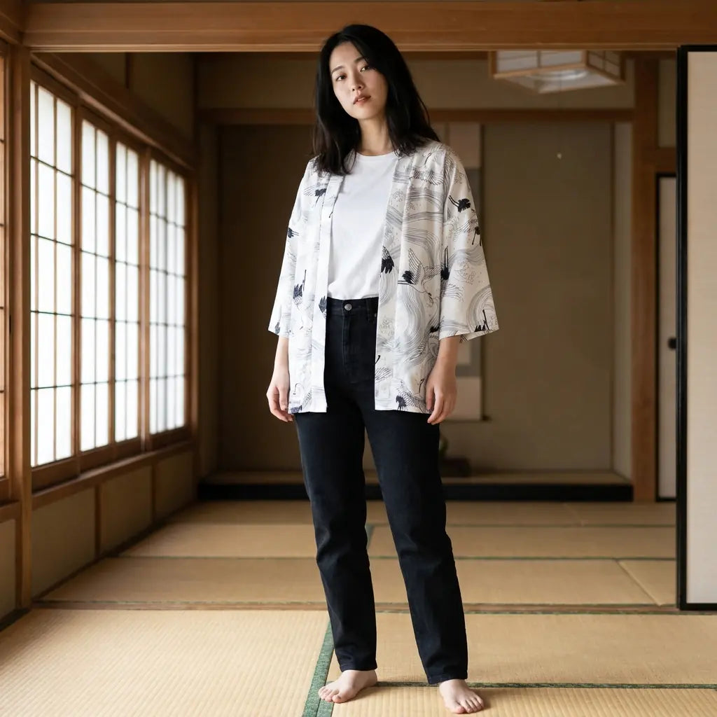 Mujer luciendo un haori blanco en una sala con tatami y paneles shoji