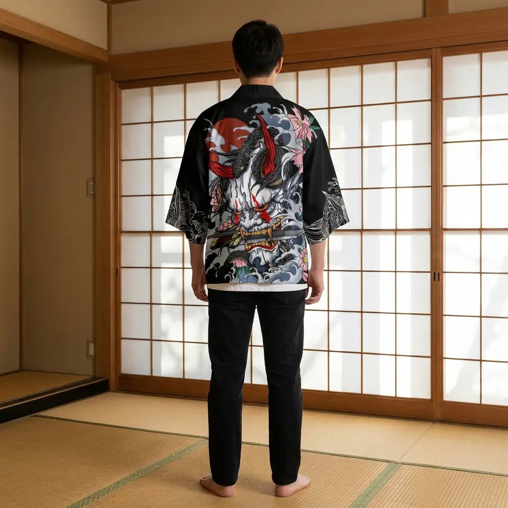 Vista trasera de una chaqueta kimono haori con estampado completo
