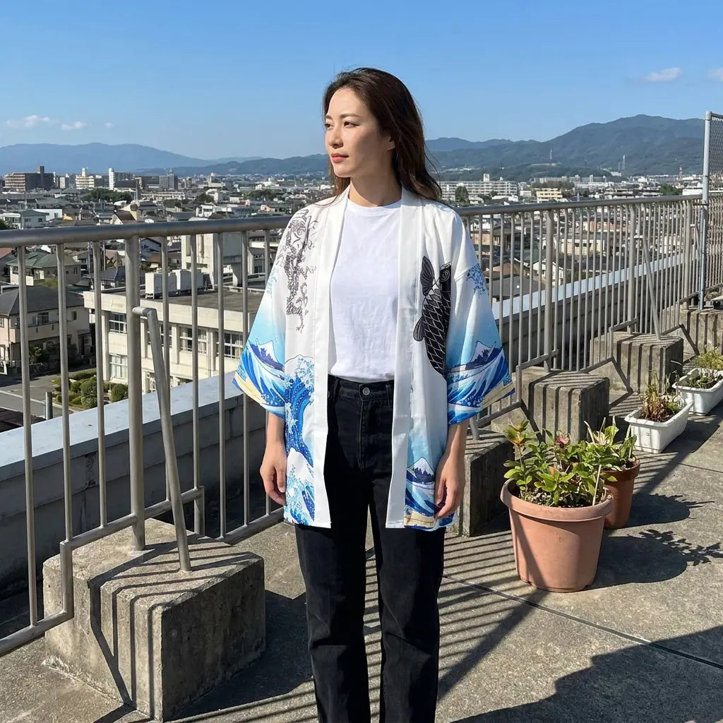 Kimono coverup con la ola de Kanagawa sobre una terraza con plantas