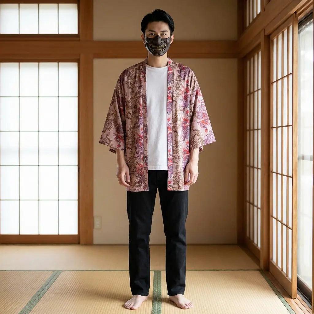Hombre con chaqueta kimono haori en una sala tradicional japonesa washitsu, vista frontal