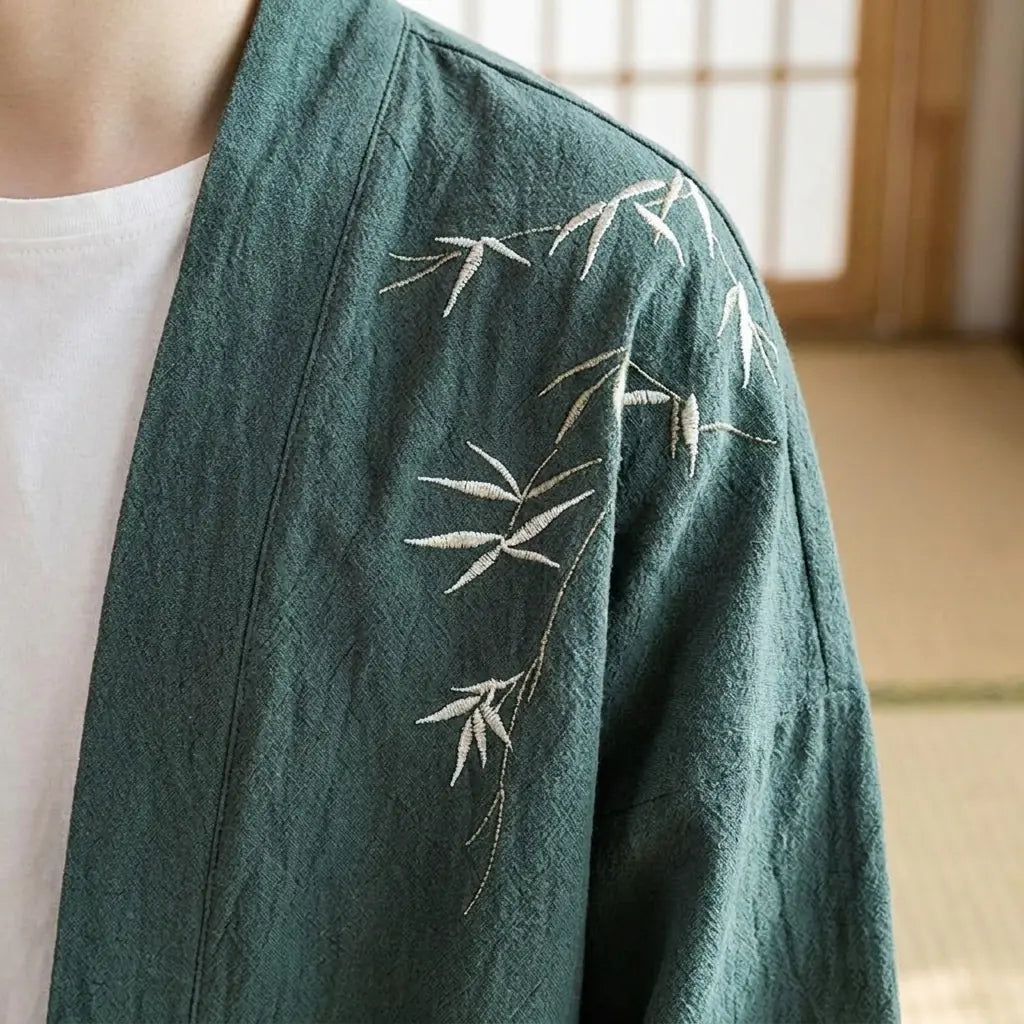 Detalle del estampado de bambú en la manga de una chaqueta kimono japonesa
