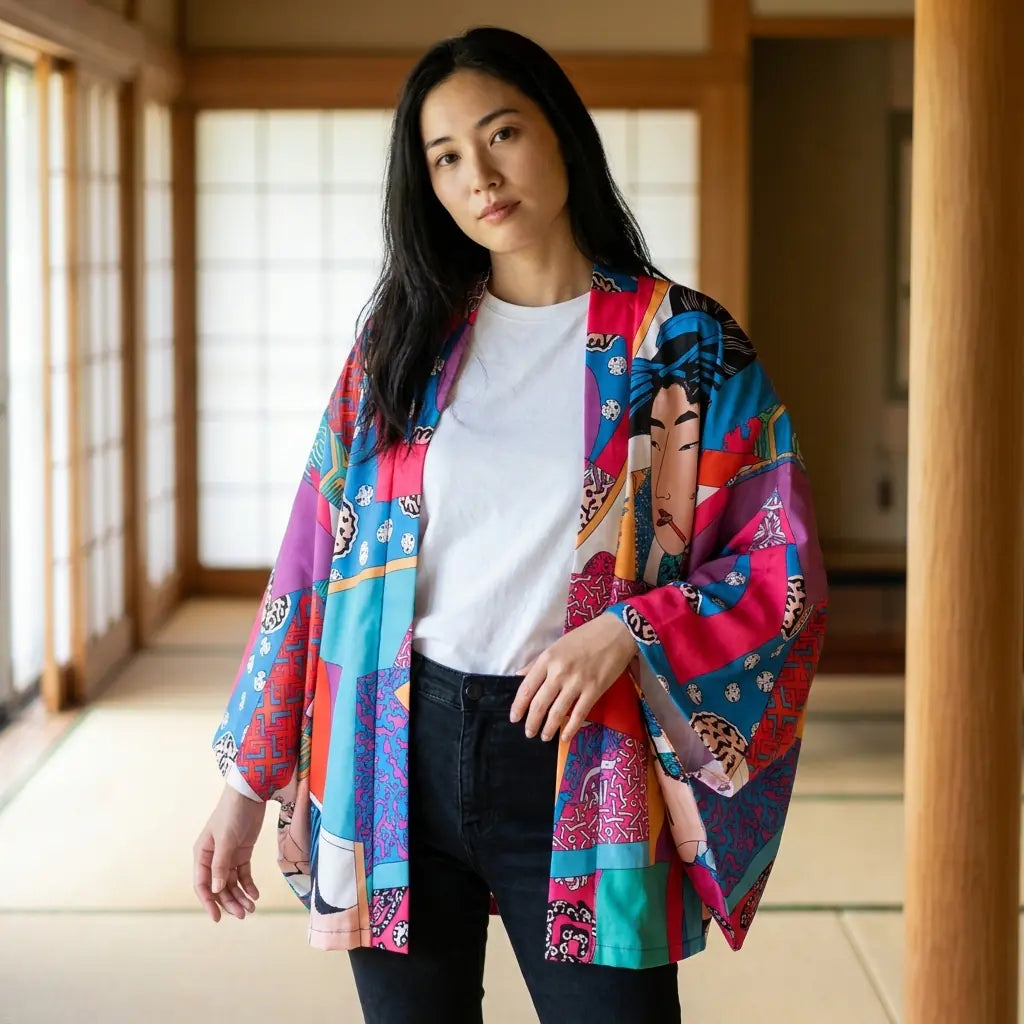 Chaqueta kimono japonesa vista de cerca en una sala de tatami, con paneles llenos de bloques de color