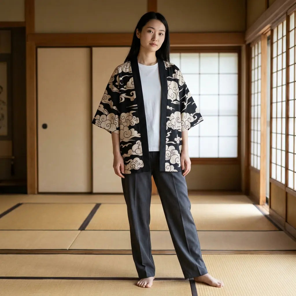 Mujer luciendo una chaqueta kimono japonesa en una sala con tatami y shoji