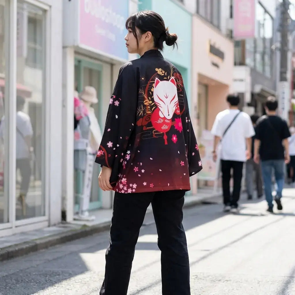 Chaqueta Kimono Mujer llevado por un hombre en una habitación japonesa tradicional, vista frontal