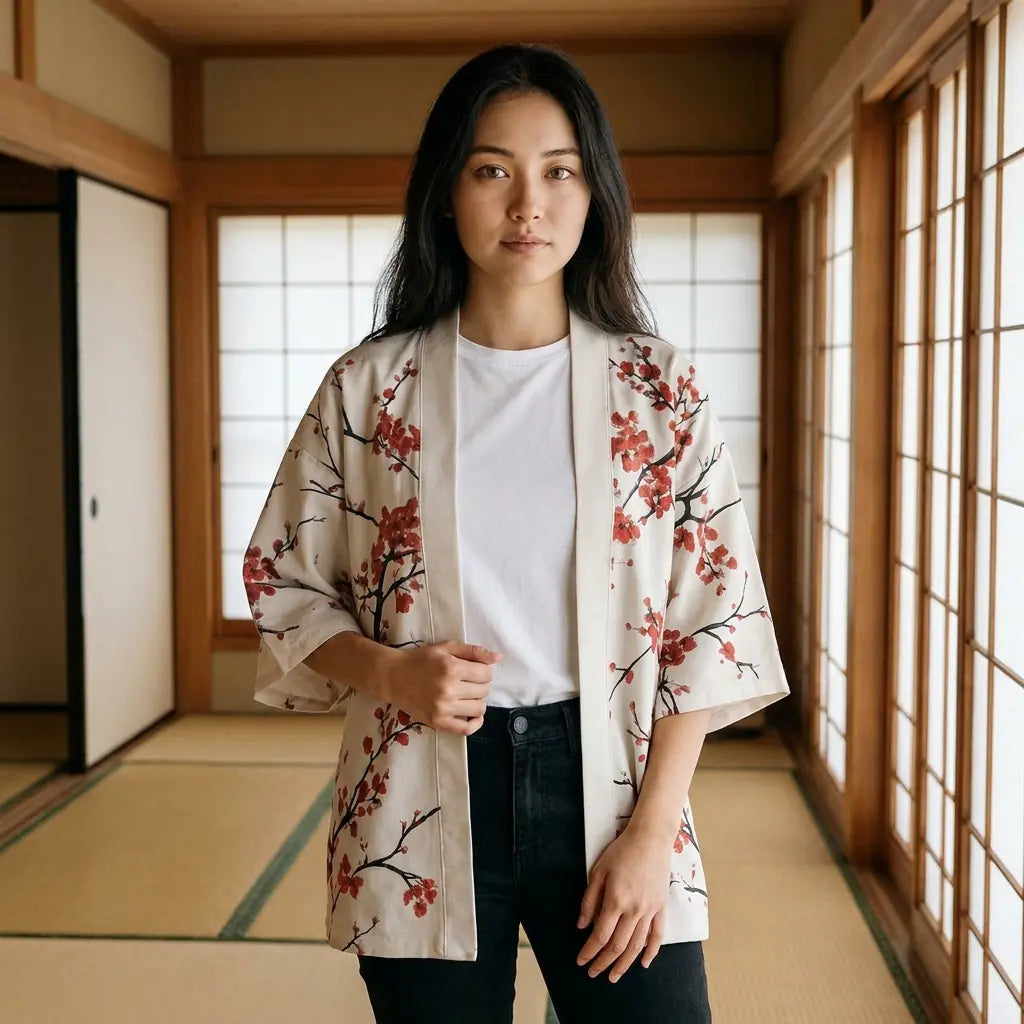 Chaqueta kimono roja de flores vista de frente, con las ramas recorriendo ambas mangas
