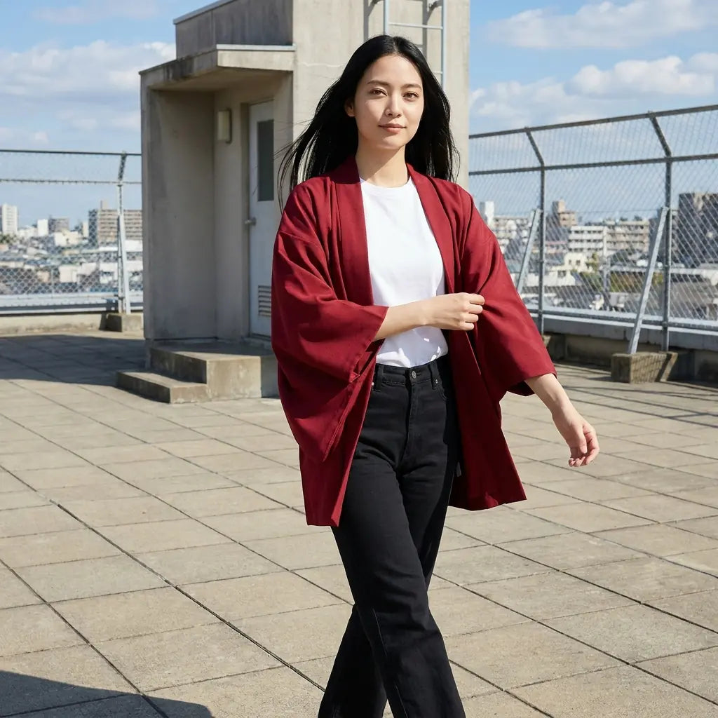 Chaqueta kimono roja abierta, fotografiada en una azotea de la ciudad