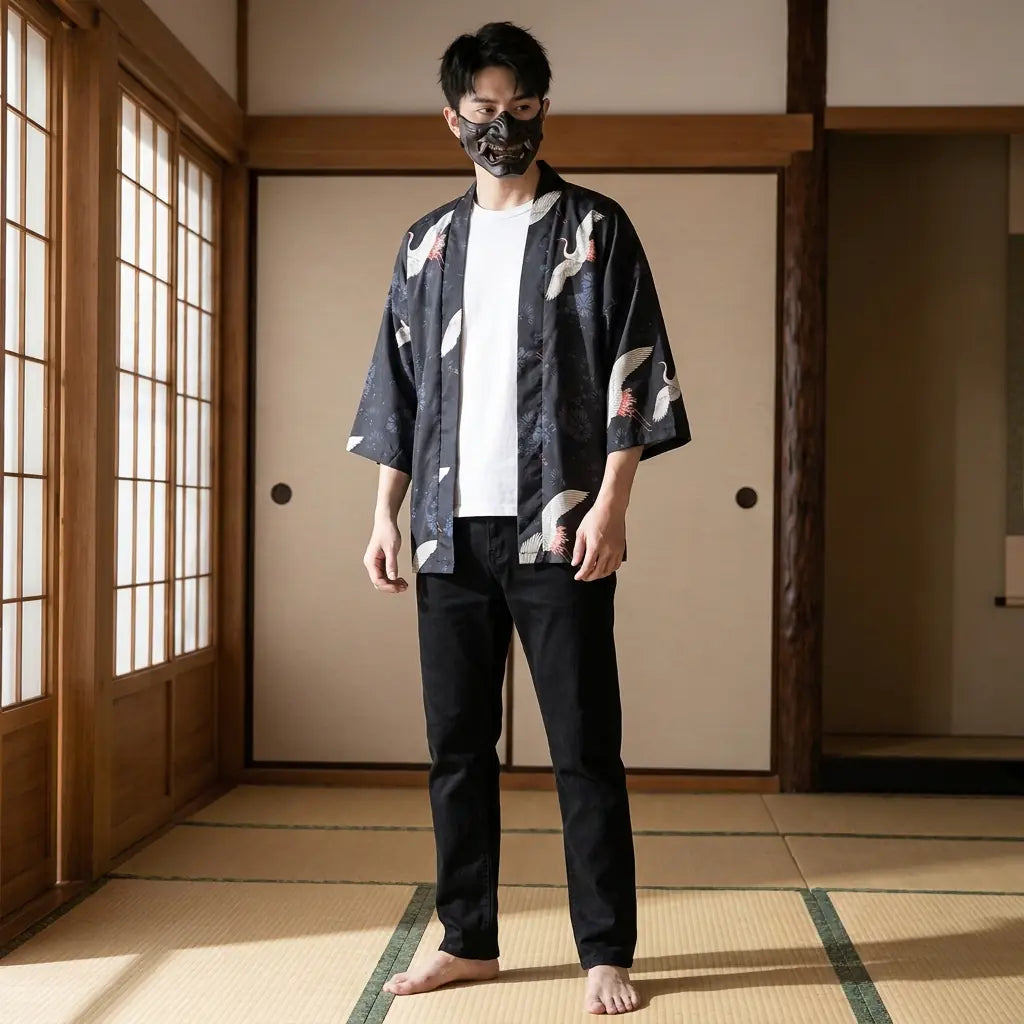 Hombre con chaqueta kimono tradicional en una sala washitsu japonesa, vista frontal