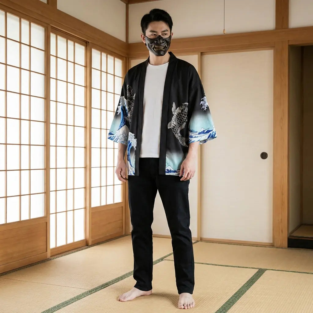 Hombre con chaqueta kimono tradicional japonesa en una sala washitsu, vista frontal