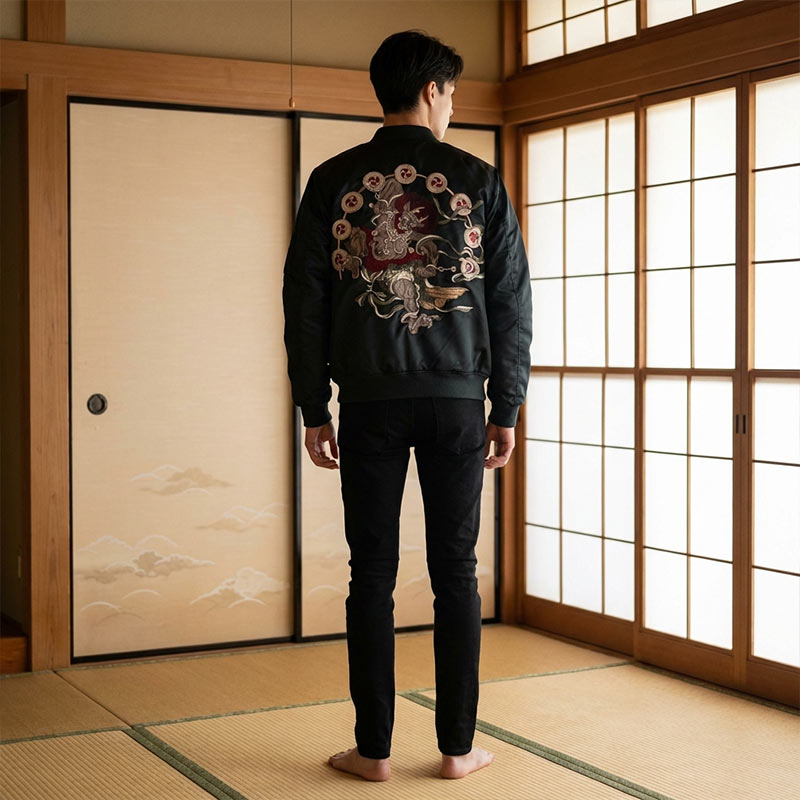 Persona con una chaqueta souvenir japonesa negra con diseño de Fujin bordado en una habitación tradicional