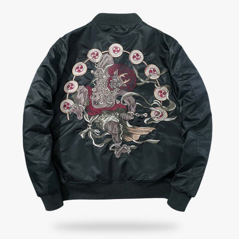 Chaqueta souvenir japonesa negra sukajan bordada con motivo de dios japonés