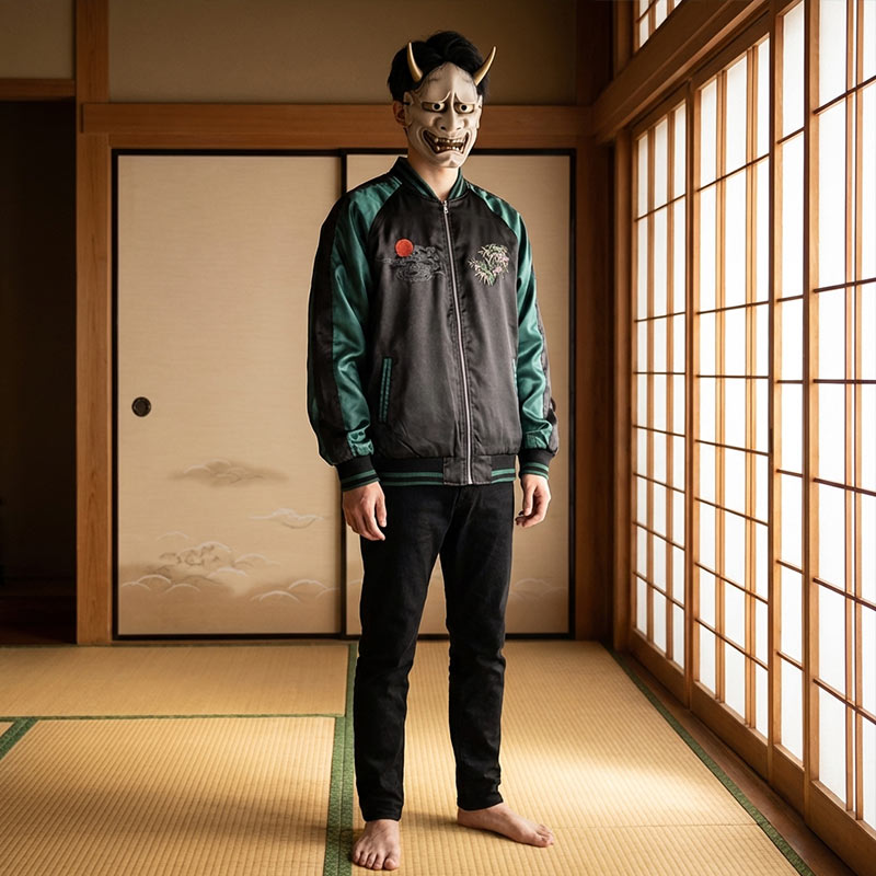 Persona con máscara japonesa y chaqueta souvenir verde en un washitsu con suelo de madera
