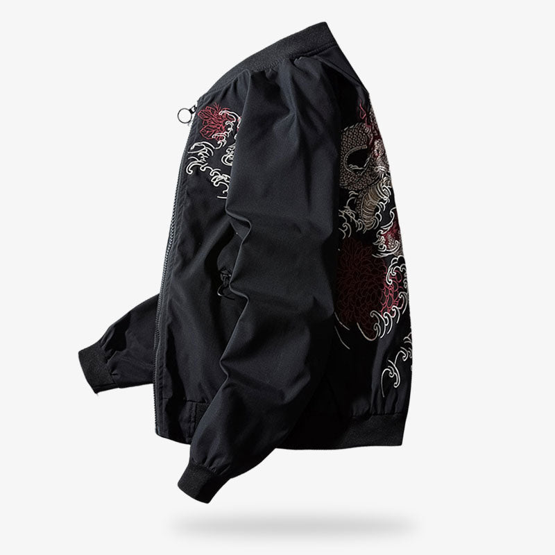 Chaqueta souvenir japonesa negra con bordado floral y de dragón