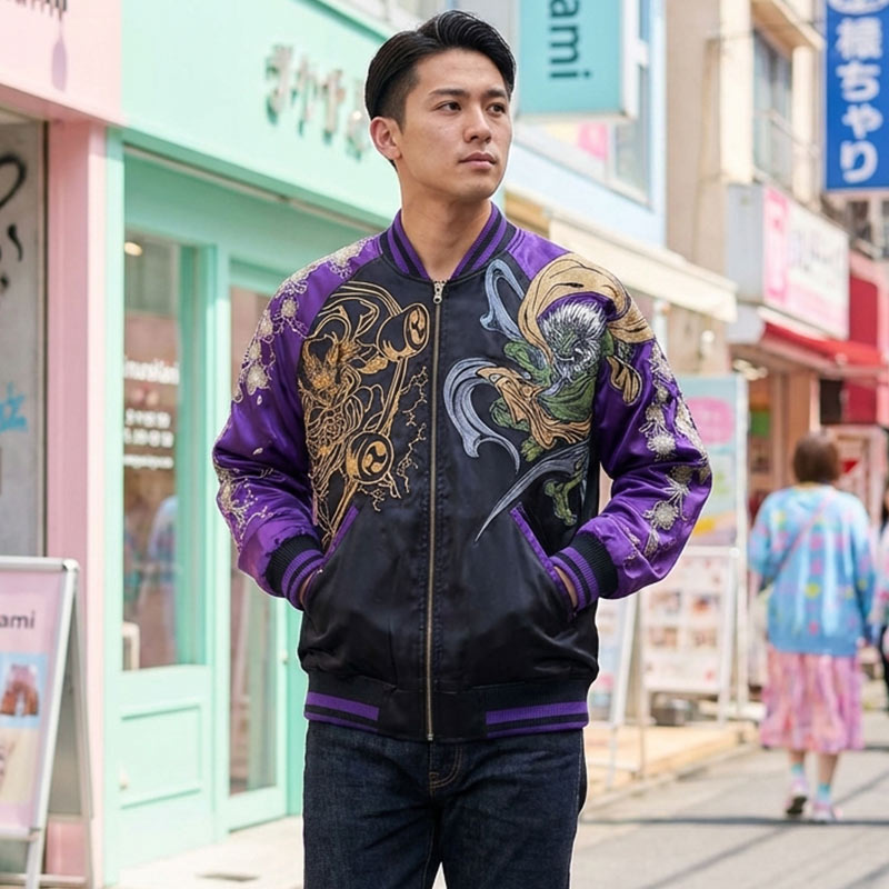 Chaqueta souvenir japonesa con diseños de Raijin y Fujin en Harajuku