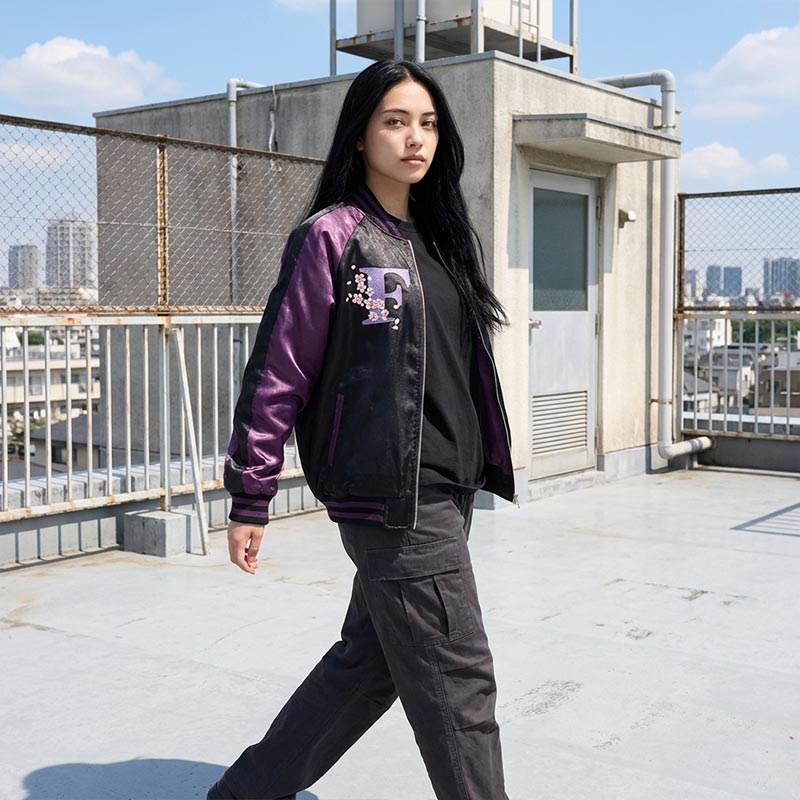Mujer con chaqueta souvenir morada en la azotea de un instituto japonés con Tokio de fondo