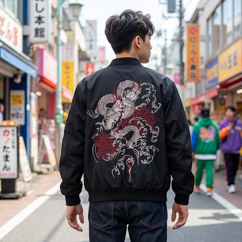 Chaqueta Sukajan Dragón negra con bordado japonés