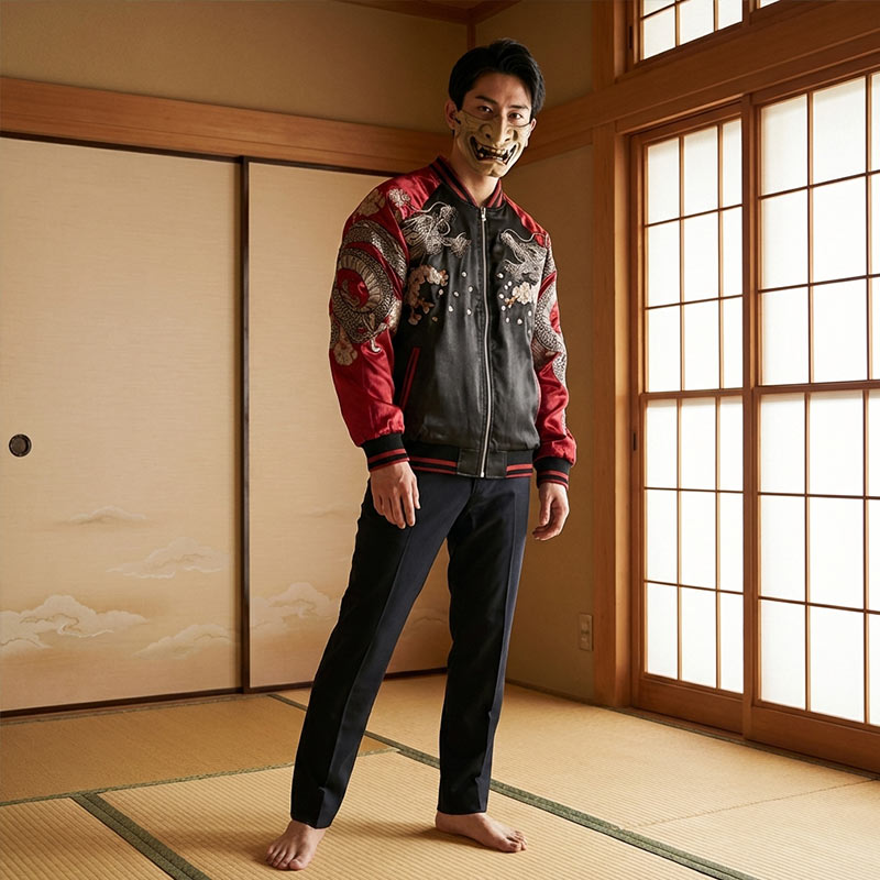Chaqueta Sukajan roja con dragón bordado