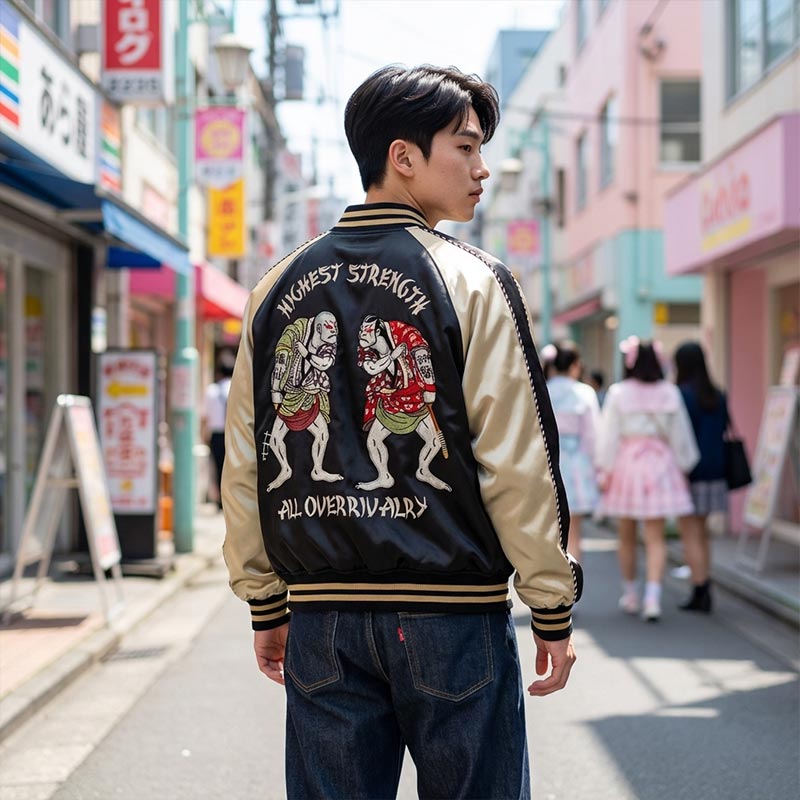 Chaqueta Sukajan Sumo bordada en estilo vintage sobre fondo urbano