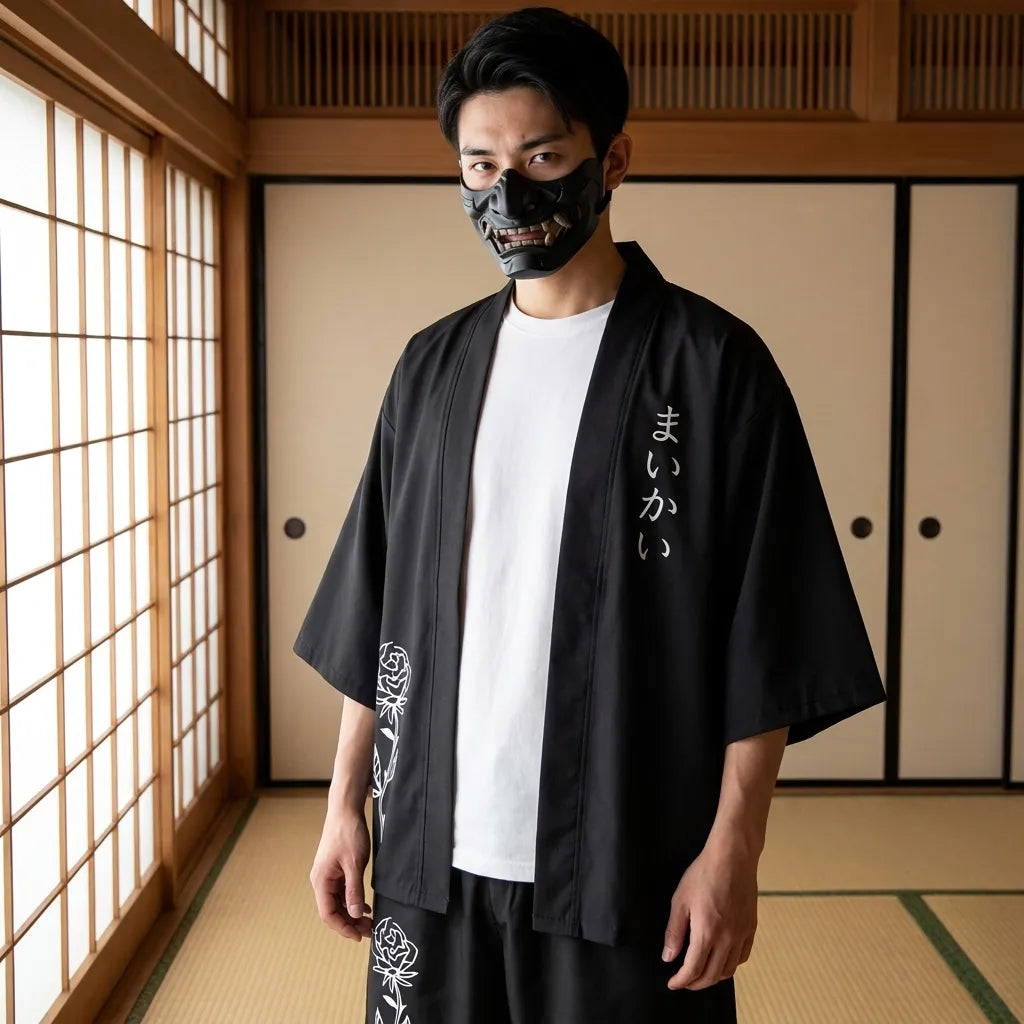 Segunda vista frontal del conjunto kimono corto hombre