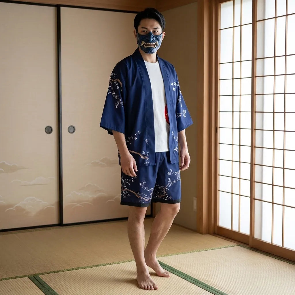 Conjunto kimono haori estampado sakura