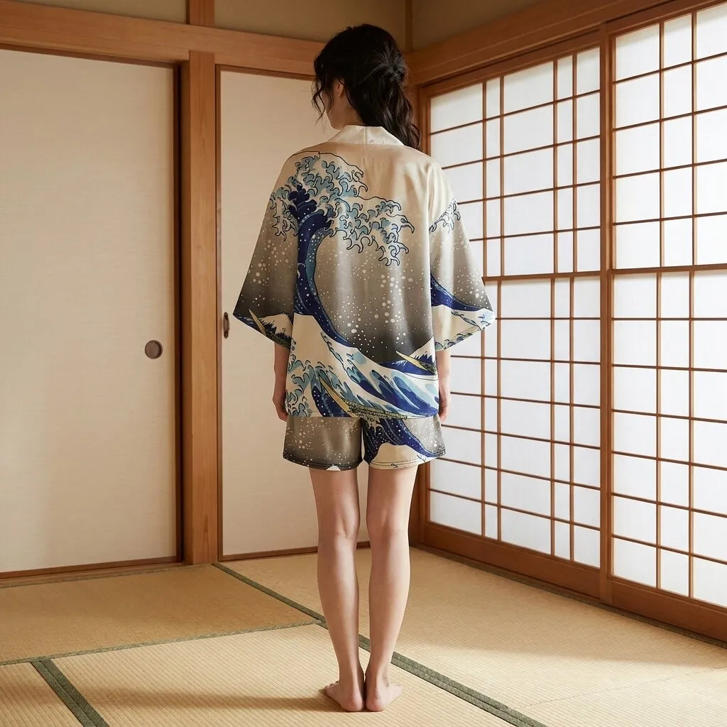 Vista trasera del conjunto kimono con chaqueta haori