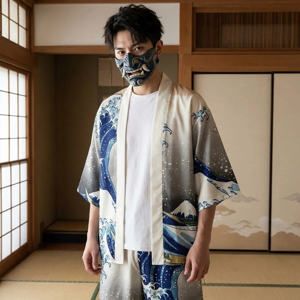 Conjunto kimono con estampado de olas visto de frente