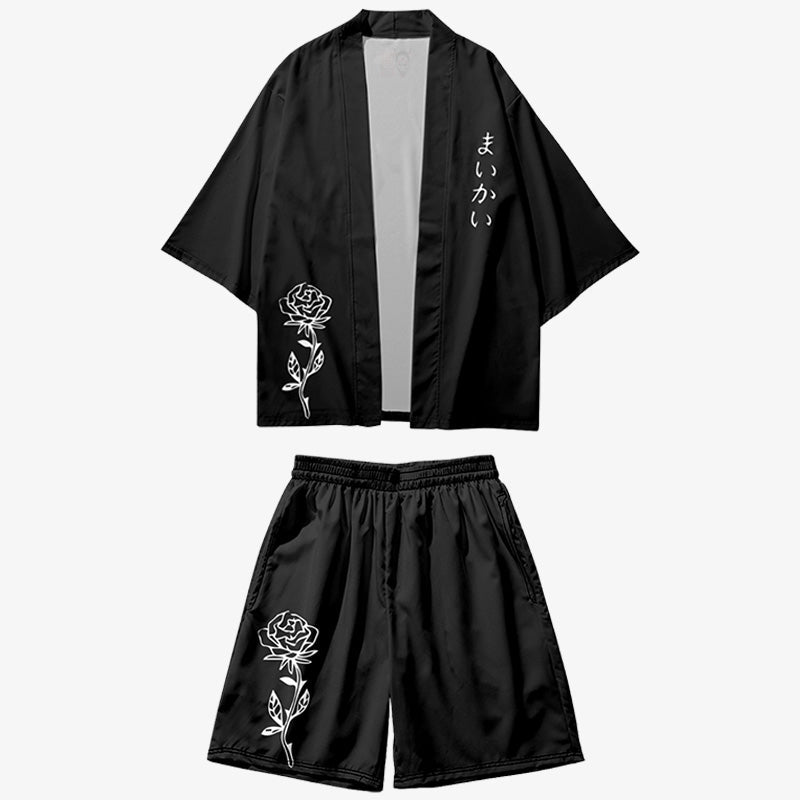 Detalle del tejido y estampado del conjunto kimono corto