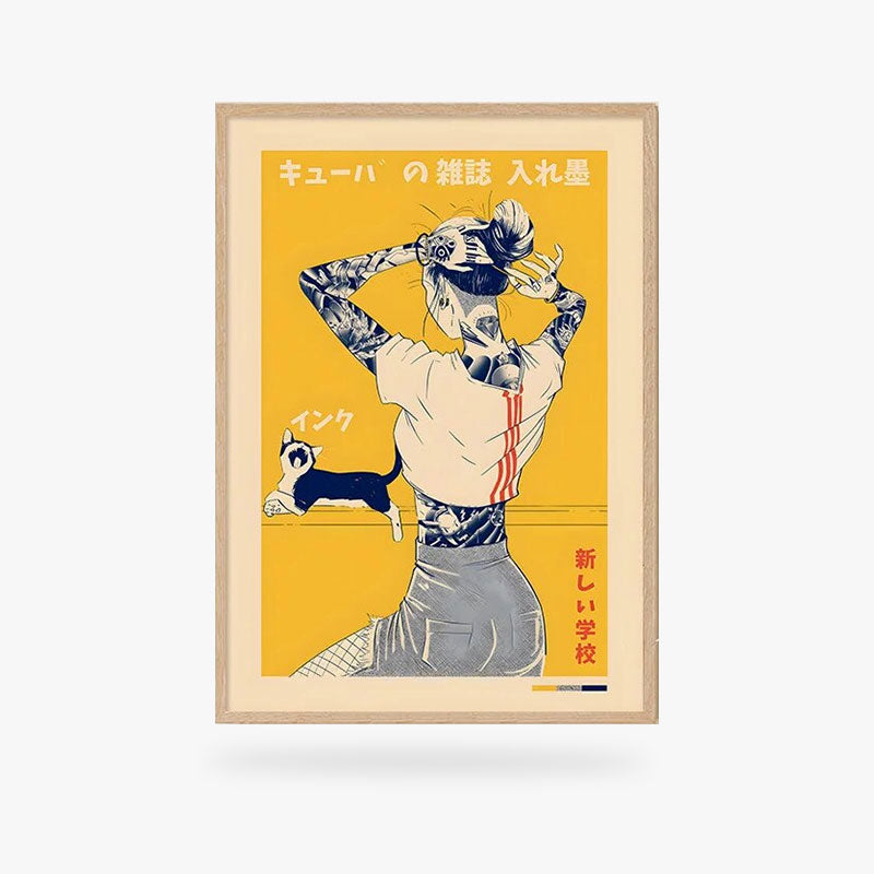 Cuadro irezumi japonés con mujer tatuada de espaldas sobre lienzo