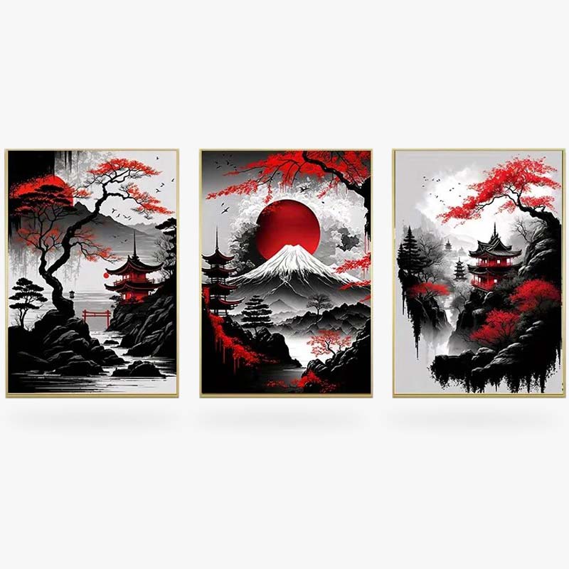 Cuadro monte Fuji y sakura de tres piezas para pared