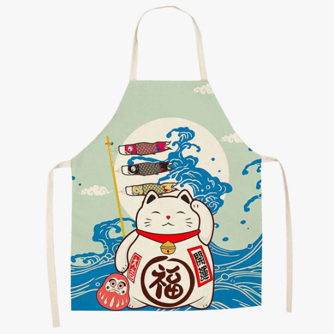 Delantal japonés con gato Maneki Neko en la cocina