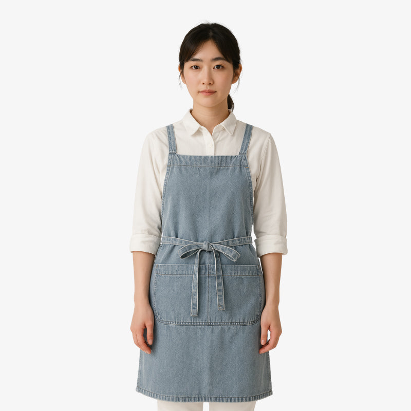 Delantal japonés vaquero azul con tirantes cruzados y bolsillo frontal, de algodón resistente, ideal para un uso práctico y elegante en la cocina