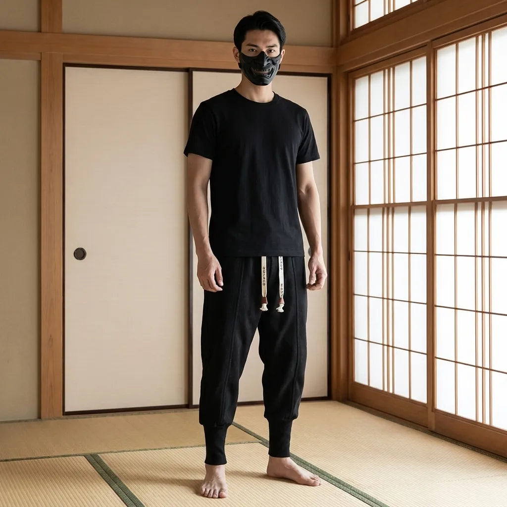 Detalle de los cordones estampados con kanji en los pantalones Nikka