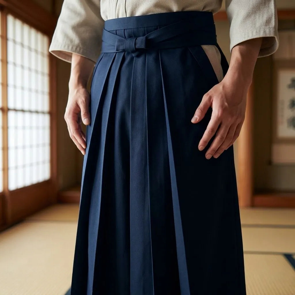 Detalle del pliegue y la cintura del hakama aikido