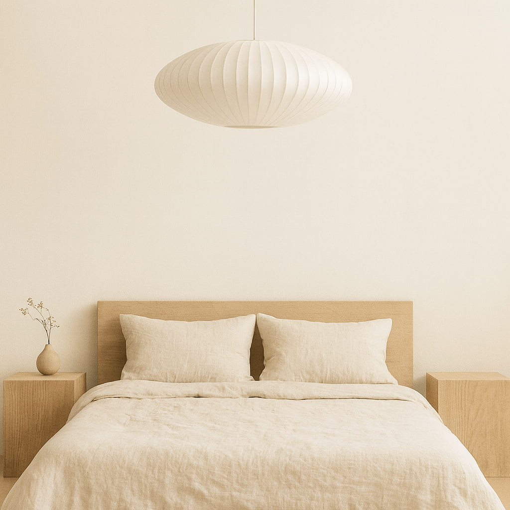 Dormitorio beige con cama, mesillas de noche y una lámpara colgante japonesa