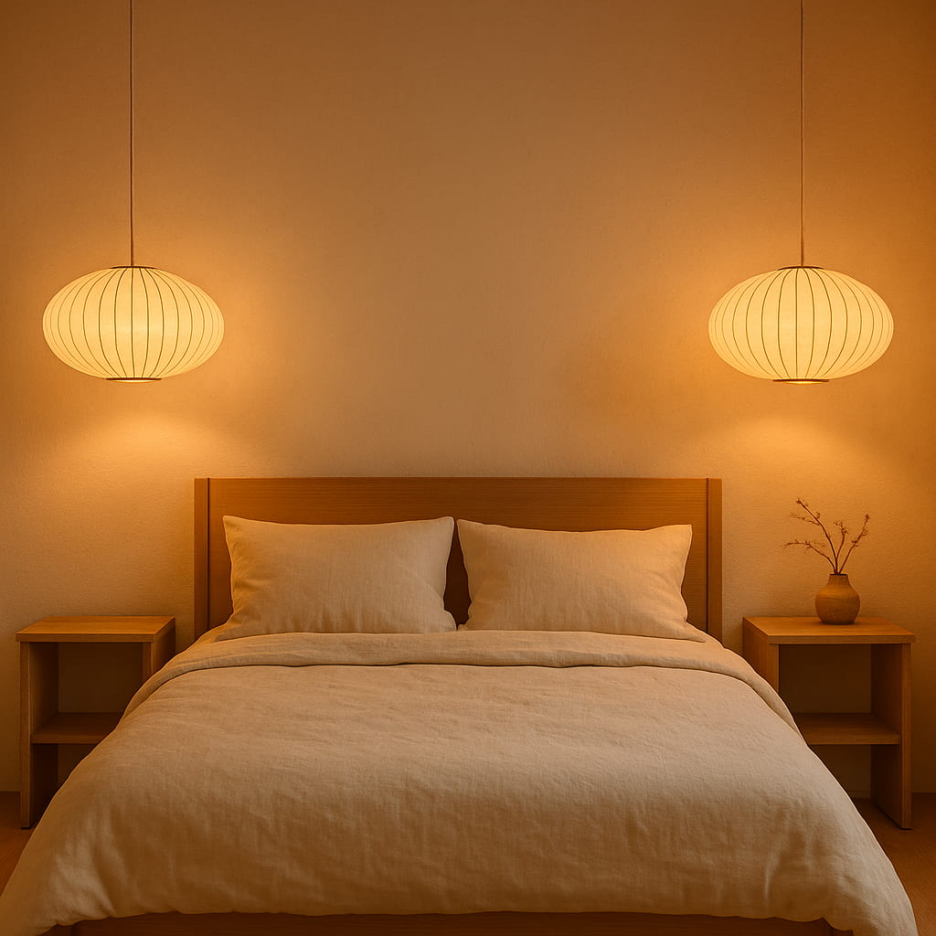 Dormitorio con cabecero de madera, ropa de cama beige y dos lámparas japonesas modernas colgantes que emiten un cálido resplandor