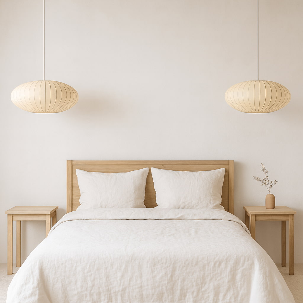 Dormitorio con cabecero de madera, ropa de cama blanca y lámparas de papel japonesas colgantes