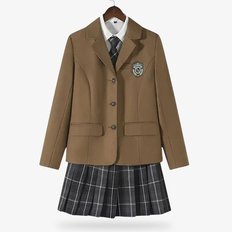 Este disfraz de escuelas de japon uniformes es un conjunto completo con camisa blanca, chaqueta japonesa verde, corbata y falda. Conjunto completo para un disfraz de cosplay de colegiala japonesa.