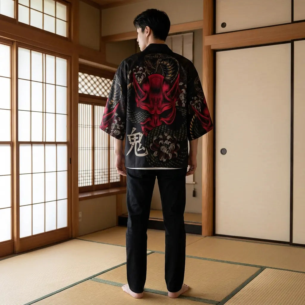 Vista trasera de un haori kimono yokai en una habitación washitsu, mostrando el diseño completo de la espalda