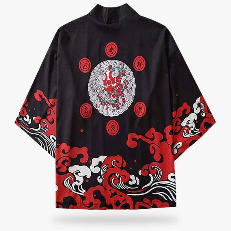 Haori negro con estampado oni y olas rojas