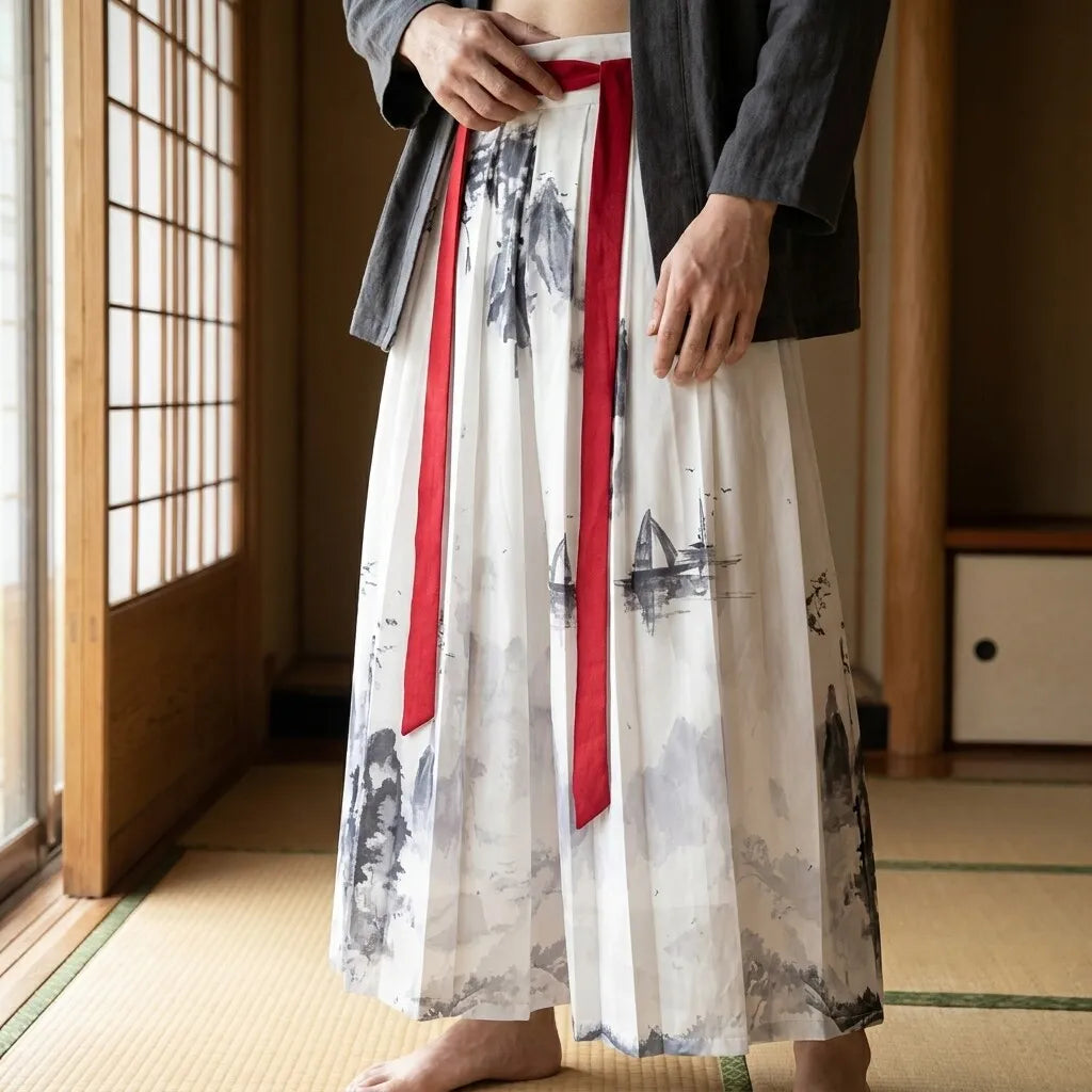 Falda hakama blanca de frente con pliegues marcados