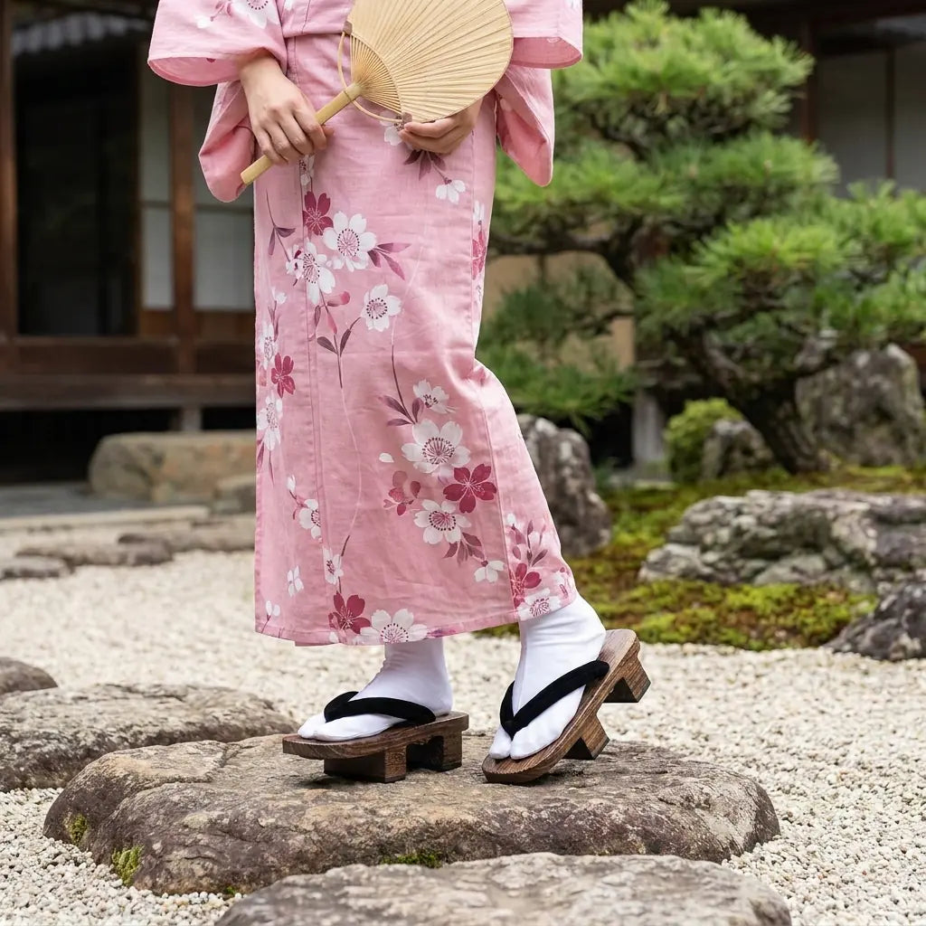Sandalias geta llevadas con un kimono rosa en un jardín japonés