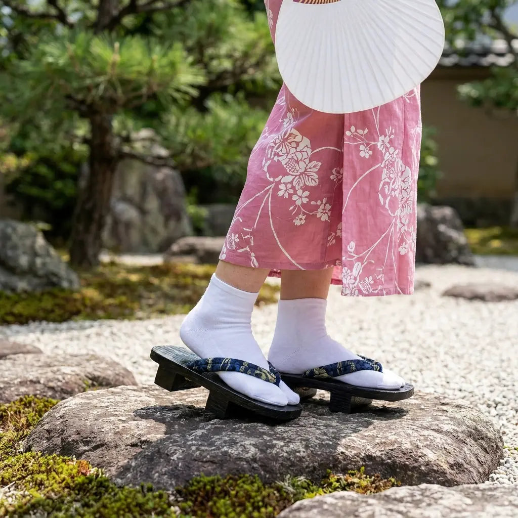 Sandalias geta japonesas con kimono rosa en jardín