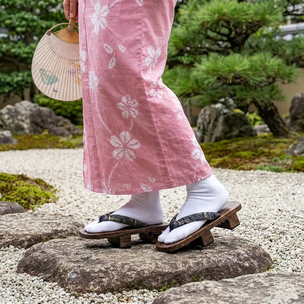 Geta llevadas con un kimono rosa en un jardín japonés