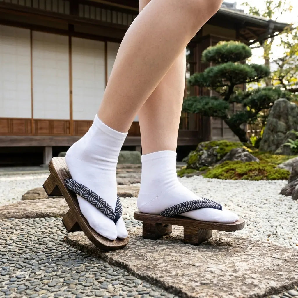 Sandalia Geta Seigaiha con veta de madera marrón en un jardín japonés