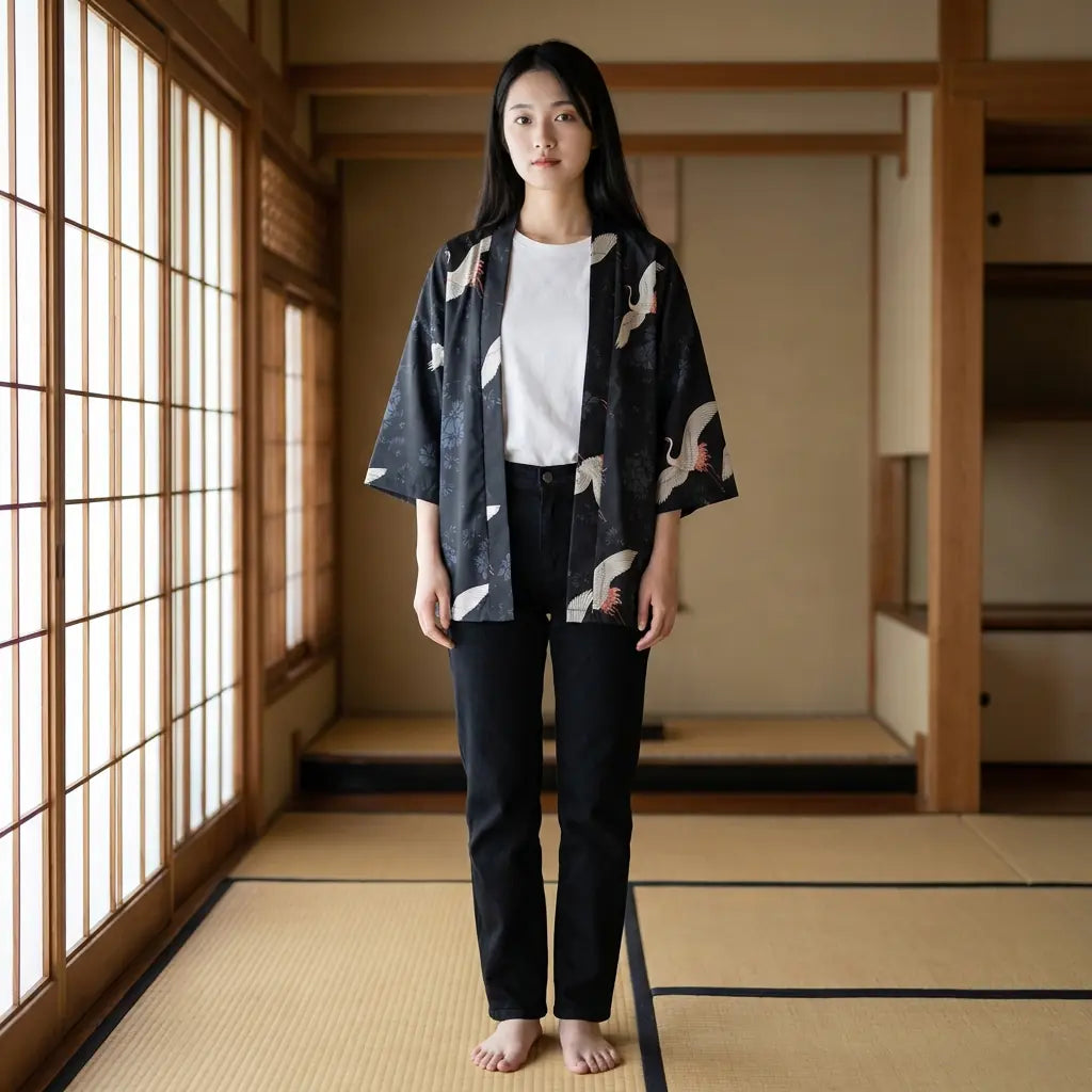 Mujer con haori de corte holgado en una sala washitsu con tatami y paneles shoji