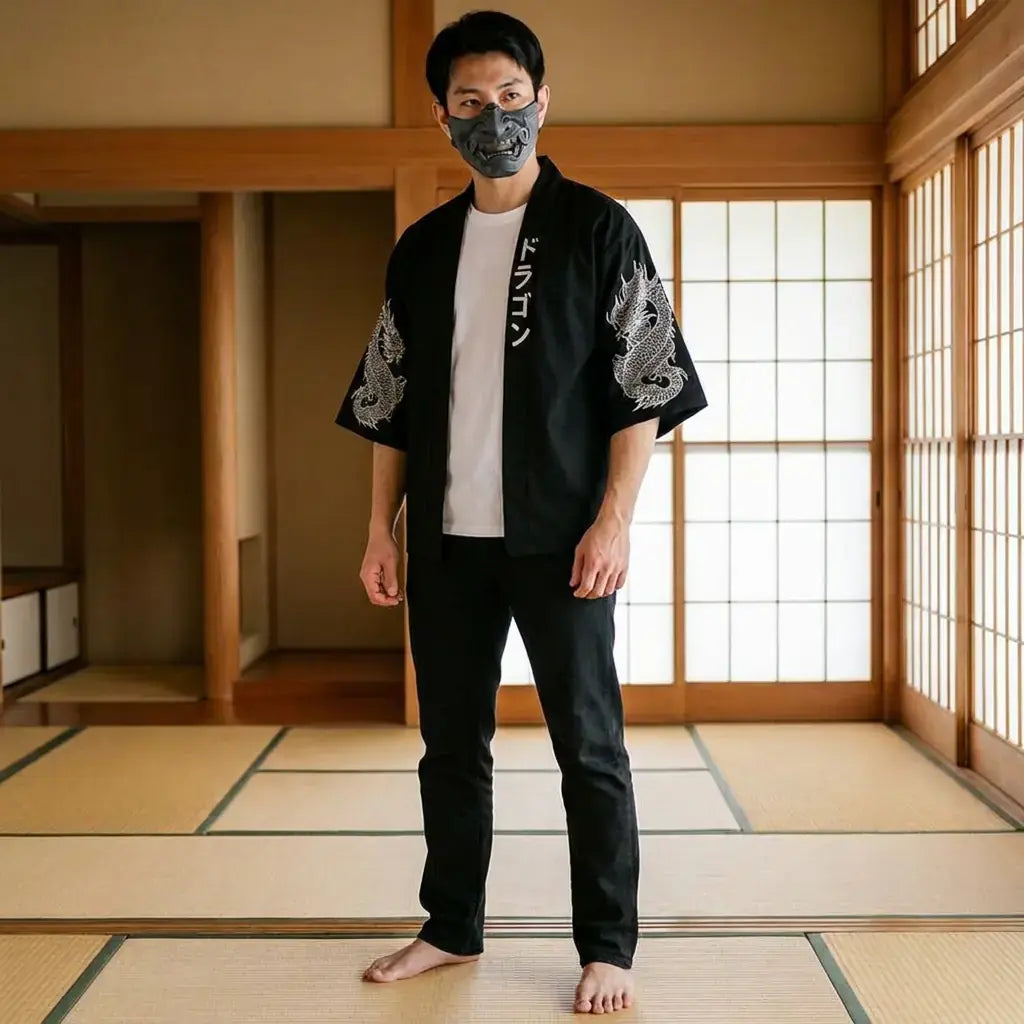 Haori Dragon llevado por un hombre en una habitación japonesa tradicional, vista frontal