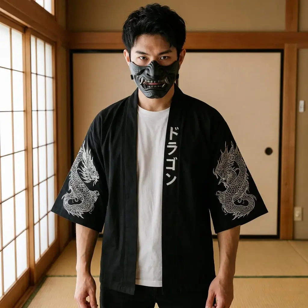 Haori Dragon llevado por un hombre en una habitación japonesa tradicional, vista frontal