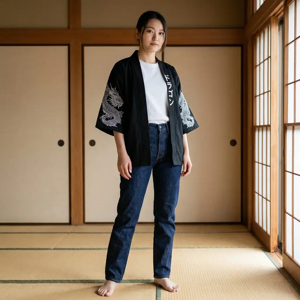 Haori Dragon llevado por una mujer en una habitación japonesa tradicional